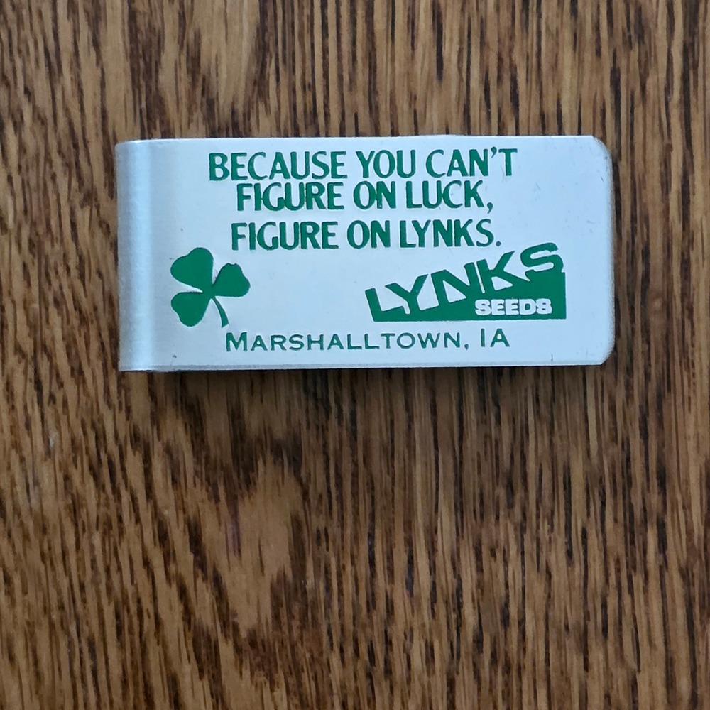 Vintage Lynks Seeds Money Clip Marshalltown IA Green Silver Farm Advertising